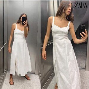ZARA White 100% Linen Lined Midi Maxi Dress